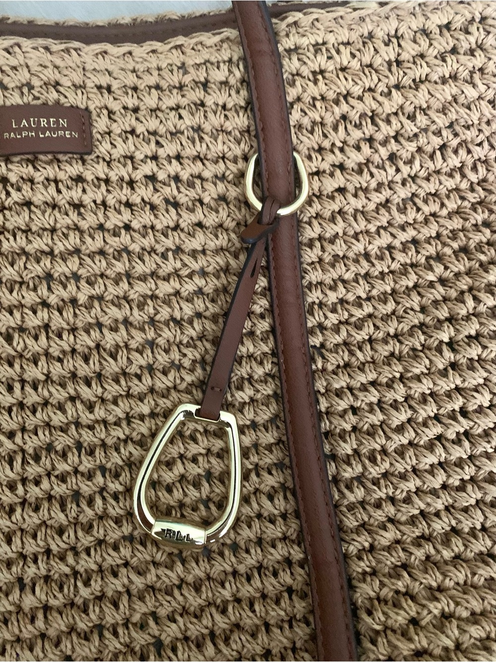 Ralph Lauren Tan Woven Straw Raffia Tote with Brown Leather Straps Gold Hardware - Picture 2 of 10